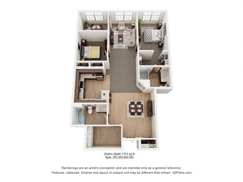 Floor plan for 2 beds, 2 baths, 1313 sqft